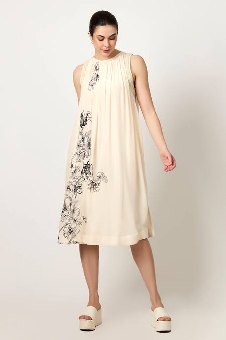 Varun Bahl Ivory Viscose Crepe Print Floral Round Neck Flower A-line Dress