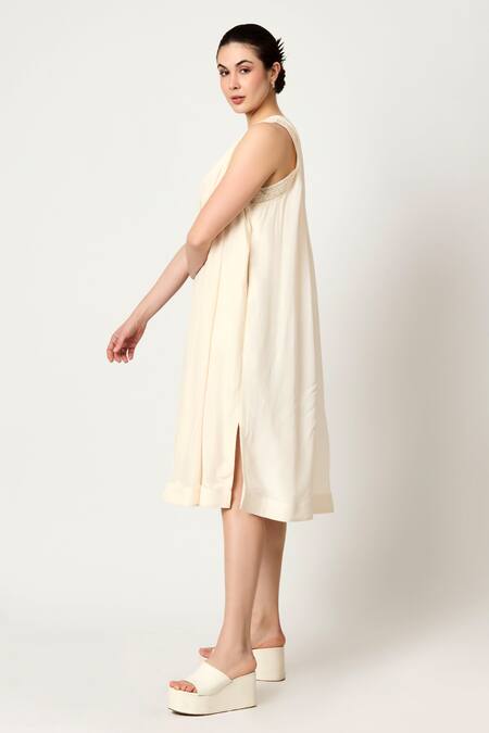 Varun Bahl_Ivory Viscose Crepe Print Floral Round Neck Flower A-line Dress_Online_at_Aza_Fashions