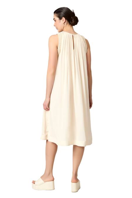 Buy_Varun Bahl_Ivory Viscose Crepe Print Floral Round Neck Flower A-line Dress_Online_at_Aza_Fashions