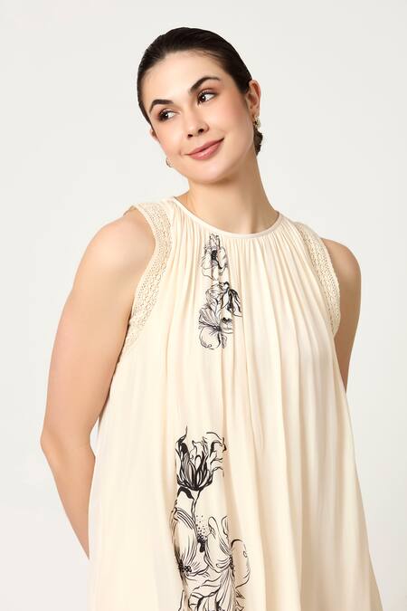Shop_Varun Bahl_Ivory Viscose Crepe Print Floral Round Neck Flower A-line Dress_Online_at_Aza_Fashions