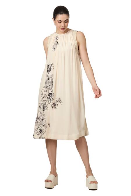 Varun Bahl_Ivory Viscose Crepe Print Floral Round Neck Flower A-line Dress_at_Aza_Fashions