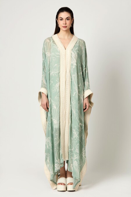 Varun Bahl Green Georgette Print Floral V Neck Bloom Long Kaftan 