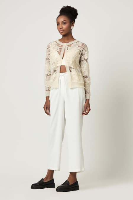 Varun Bahl Ivory Net And Georgette Embroidery Floral Round Cardigan Trouser Set 
