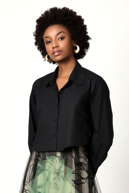 Varun Bahl Black Poplin Plain Collared Neck Embroidered Cropped Shirt 