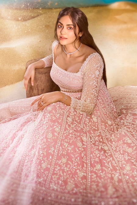 Shop_Anushree Reddy_Pink Organza Embroidered Floral Square Saahira Garden Lehenga Set  _at_Aza_Fashions