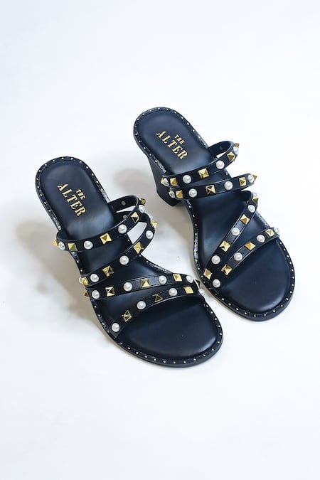 Shop The Alter Black Pearls, Studs And Embellished Strappy Block Heels at Aza Fashions Shop_The Alter_Black Pearls, Studs And Embellished Strappy Block Heels _at_Aza_Fashions