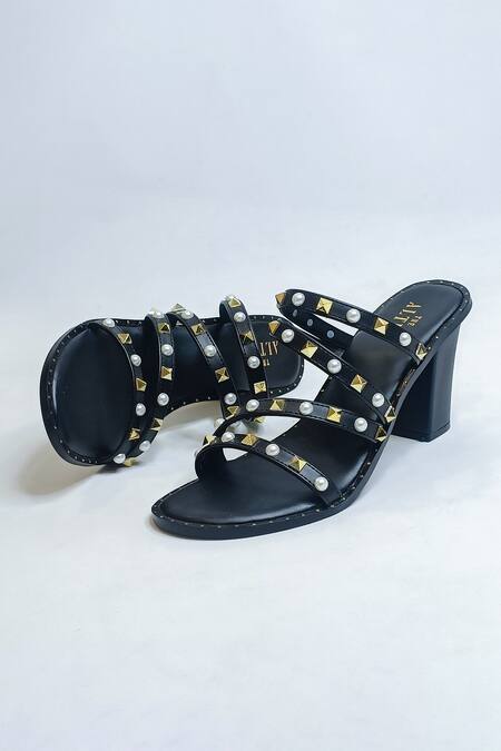 The Alter Black Pearls, Studs And Embellished Strappy Block Heels Online at Aza Fashions The Alter_Black Pearls, Studs And Embellished Strappy Block Heels _Online_at_Aza_Fashions