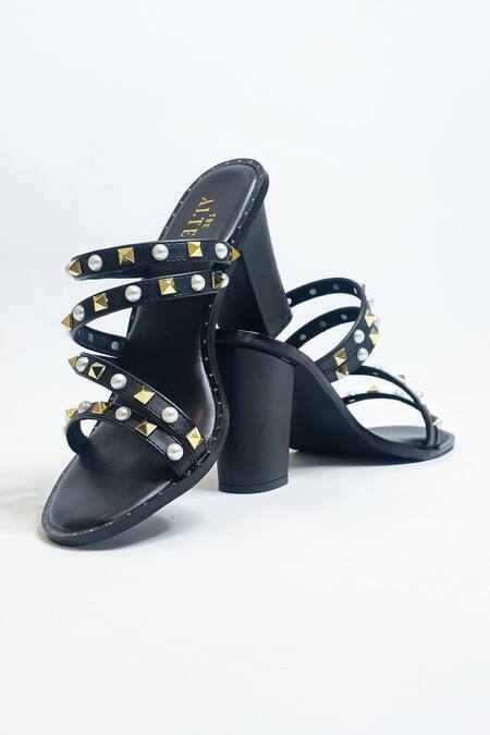 The Alter Black Pearls, Studs And Embellished Strappy Block Heels at Aza Fashions The Alter_Black Pearls, Studs And Embellished Strappy Block Heels _at_Aza_Fashions