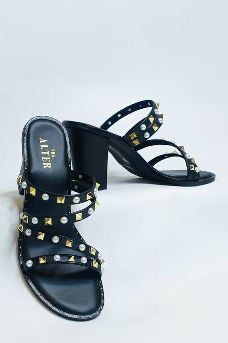 Buy The Alter Black Pearls, Studs And Embellished Strappy Block Heels Buy_The Alter_Black Pearls, Studs And Embellished Strappy Block Heels