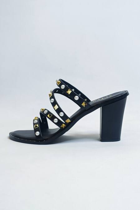 Shop The Alter Black Pearls, Studs And Embellished Strappy Block Heels Shop_The Alter_Black Pearls, Studs And Embellished Strappy Block Heels