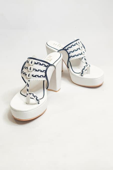 Shop The Alter White Embroidery Thread Slip-on Kolhapuri Block Heels at Aza Fashions Shop_The Alter_White Embroidery Thread Slip-on Kolhapuri Block Heels _at_Aza_Fashions