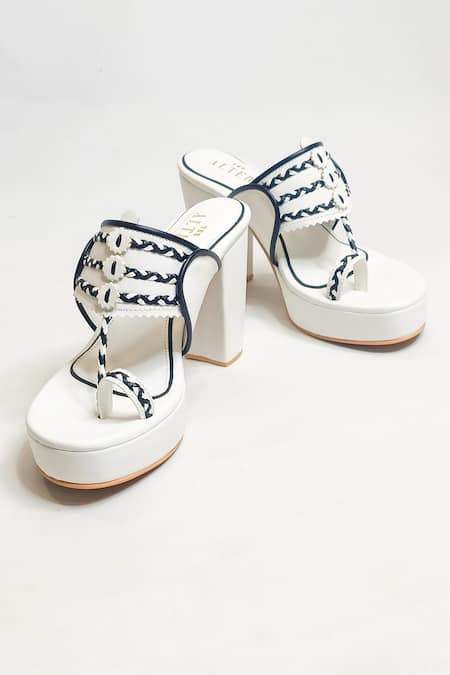 Buy The Alter White Embroidery Thread Slip-on Kolhapuri Block Heels Online at Aza Fashions Buy_The Alter_White Embroidery Thread Slip-on Kolhapuri Block Heels _Online_at_Aza_Fashions