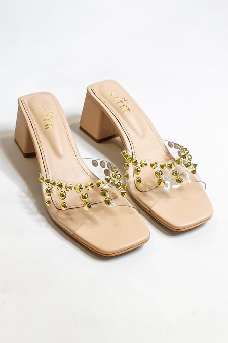 Shop The Alter Beige Studs Embellished Slip-on Block Heels at Aza Fashions Shop_The Alter_Beige Studs Embellished Slip-on Block Heels _at_Aza_Fashions