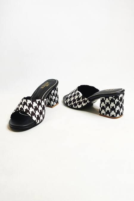Shop The Alter Black Houndstooth Print Slip-on Block Heels Shop_The Alter_Black Houndstooth Print Slip-on Block Heels