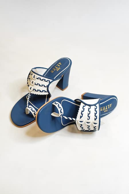 Shop The Alter White Embroidery Myra Thread Slip-on Kolhapuri Block Heels Shop_The Alter_White Embroidery Myra Thread Slip-on Kolhapuri Block Heels