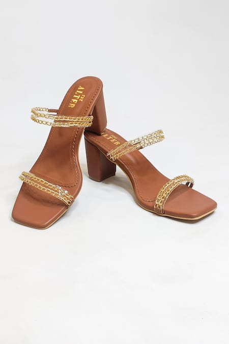 THE ALTER Brown Metallic Chain Gianna Embellished Slip-on Block Heels