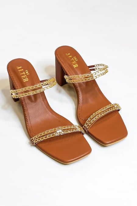 Shop The Alter Brown Metallic Chain Gianna Embellished Slip-on Block Heels at Aza Fashions Shop_The Alter_Brown Metallic Chain Gianna Embellished Slip-on Block Heels _at_Aza_Fashions