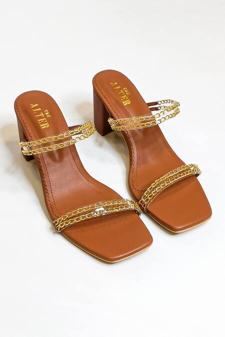 The Alter Brown Metallic Chain Gianna Embellished Slip-on Block Heels Online at Aza Fashions The Alter_Brown Metallic Chain Gianna Embellished Slip-on Block Heels _Online_at_Aza_Fashions