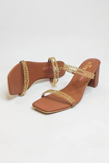 Shop The Alter Brown Metallic Chain Gianna Embellished Slip-on Block Heels Shop_The Alter_Brown Metallic Chain Gianna Embellished Slip-on Block Heels