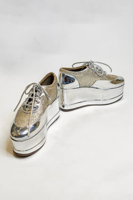 Buy The Alter Silver Shimmer Embellished Sneaker Wedges Buy_The Alter_Silver Shimmer Embellished Sneaker Wedges