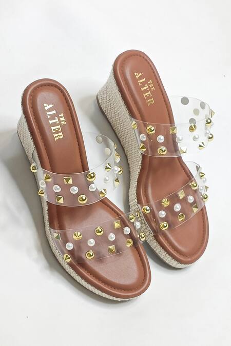 The Alter_Brown Golden Studs Abstract Studded Wedges _Online_at_Aza_Fashions