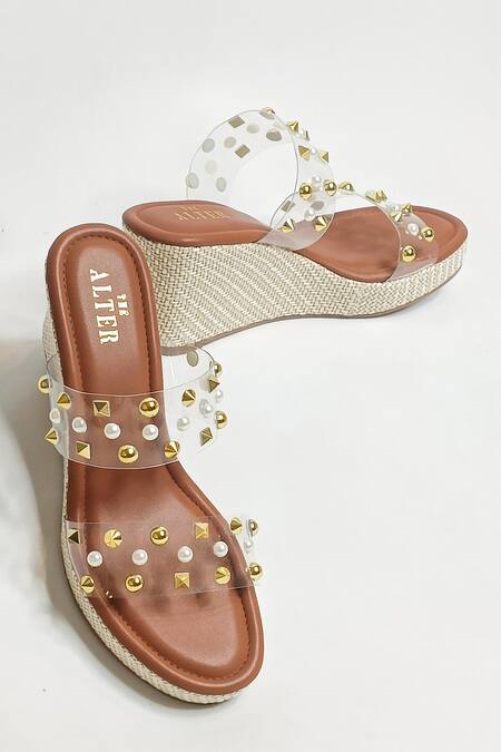 Buy_The Alter_Brown Golden Studs Abstract Studded Wedges _Online_at_Aza_Fashions