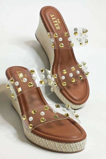 Shop_The Alter_Brown Golden Studs Abstract Studded Wedges _Online_at_Aza_Fashions