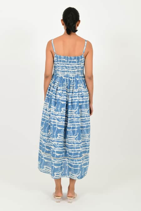 Shop Rias Jaipur Blue Cotton Square Neck Dabu Mud Resist Print Dress at Aza Fashions Shop_Rias Jaipur_Blue Cotton Square Neck Dabu Mud Resist Print Dress _at_Aza_Fashions