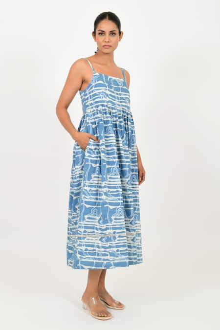 Buy Rias Jaipur Blue Cotton Square Neck Dabu Mud Resist Print Dress Online at Aza Fashions Buy_Rias Jaipur_Blue Cotton Square Neck Dabu Mud Resist Print Dress _Online_at_Aza_Fashions