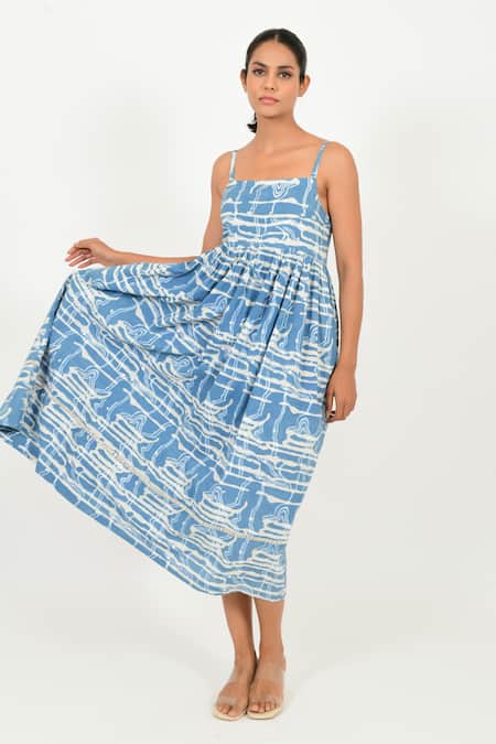 Shop Rias Jaipur Blue Cotton Square Neck Dabu Mud Resist Print Dress Online at Aza Fashions Shop_Rias Jaipur_Blue Cotton Square Neck Dabu Mud Resist Print Dress _Online_at_Aza_Fashions