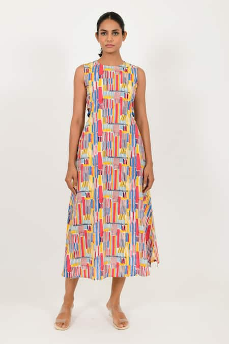 Rias Jaipur Striped Hand Block Pattern Dress 