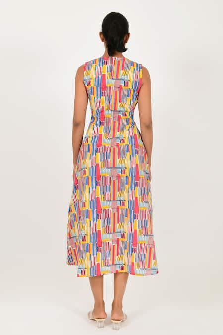 Shop Rias Jaipur Multi Color Cotton Round Neck Striped Hand Block Pattern Dress at Aza Fashions Shop_Rias Jaipur_Multi Color Cotton Round Neck Striped Hand Block Pattern Dress _at_Aza_Fashions