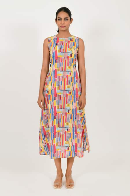 Rias Jaipur Multi Color Cotton Round Neck Striped Hand Block Pattern Dress Online at Aza Fashions Rias Jaipur_Multi Color Cotton Round Neck Striped Hand Block Pattern Dress _Online_at_Aza_Fashions