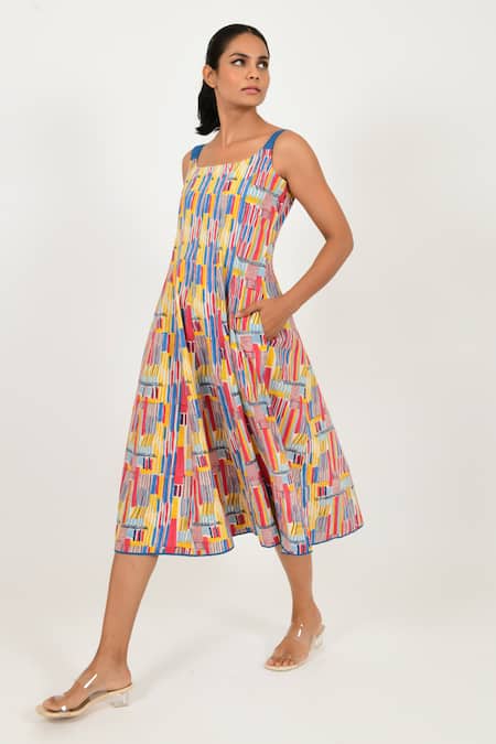 Shop Rias Jaipur Multi Color Cotton Round Neck Striped Hand Block Pattern Dress Online at Aza Fashions Shop_Rias Jaipur_Multi Color Cotton Round Neck Striped Hand Block Pattern Dress _Online_at_Aza_Fashions