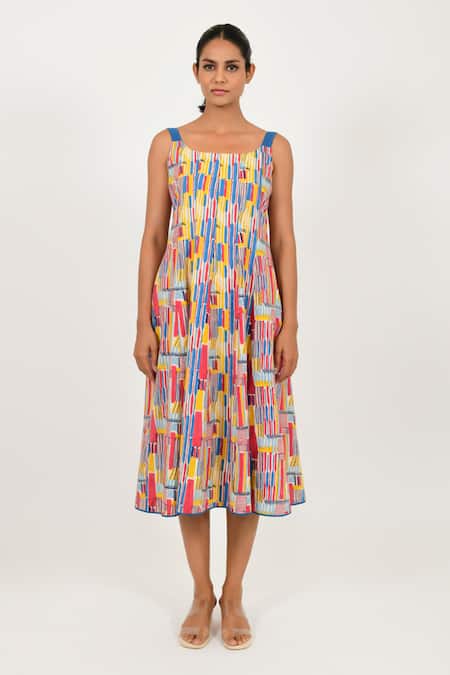 Rias Jaipur Multi Color 100% Organic Cotton Hand Block Printed Striped Wide Dress 