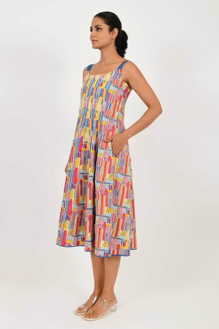 Buy Rias Jaipur Multi Color Cotton Round Neck Striped Block Print Dress Online at Aza Fashions Buy_Rias Jaipur_Multi Color Cotton Round Neck Striped Block Print Dress _Online_at_Aza_Fashions