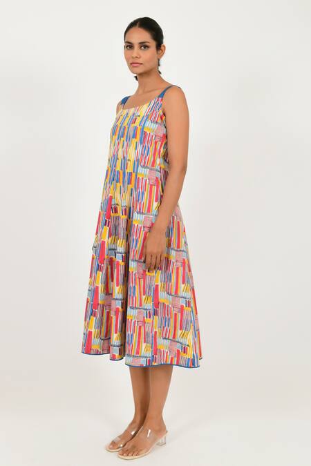 Shop Rias Jaipur Multi Color Cotton Round Neck Striped Block Print Dress Online at Aza Fashions Shop_Rias Jaipur_Multi Color Cotton Round Neck Striped Block Print Dress _Online_at_Aza_Fashions
