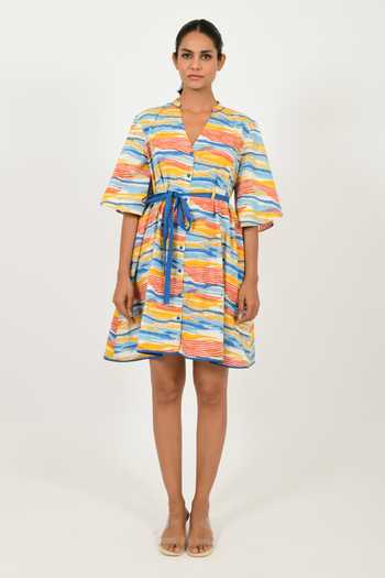 Rias Jaipur_Multi Color 100% Organic Cotton Hand Block Printed Striped V Neck Dress_Online_at_Aza_Fashions