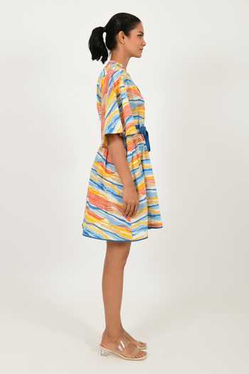 Shop_Rias Jaipur_Multi Color 100% Organic Cotton Hand Block Printed Striped V Neck Dress_Online_at_Aza_Fashions
