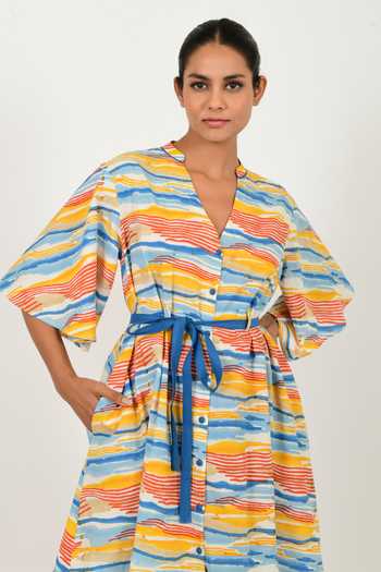 Rias Jaipur_Multi Color 100% Organic Cotton Hand Block Printed Striped V Neck Dress_at_Aza_Fashions