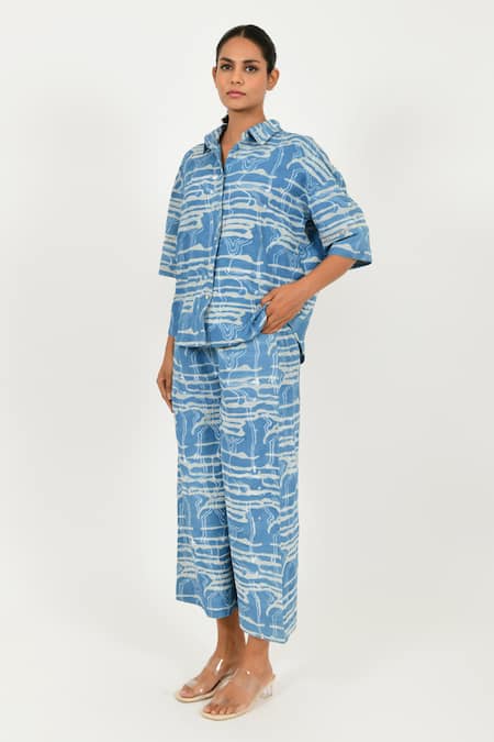Rias Jaipur Blue Linen Printed Dabu Mud Resist Collar Shirt And Pant Set 