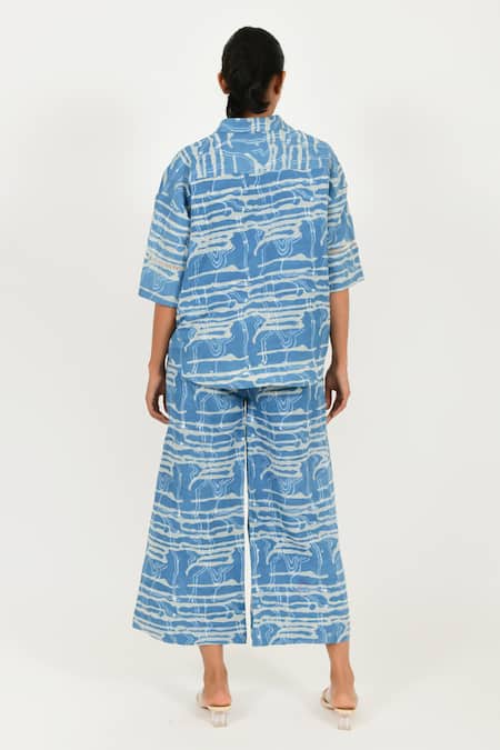 Shop Rias Jaipur Blue Linen Collared Dabu Mud Resist Print Shirt And Pant Set at Aza Fashions Shop_Rias Jaipur_Blue Linen Collared Dabu Mud Resist Print Shirt And Pant Set _at_Aza_Fashions