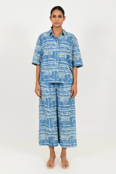 Rias Jaipur Blue Linen Collared Dabu Mud Resist Print Shirt And Pant Set Online at Aza Fashions Rias Jaipur_Blue Linen Collared Dabu Mud Resist Print Shirt And Pant Set _Online_at_Aza_Fashions