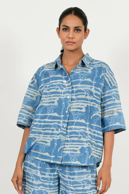 Rias Jaipur Blue Linen Printed Dabu Mud Resist Collar Shirt 