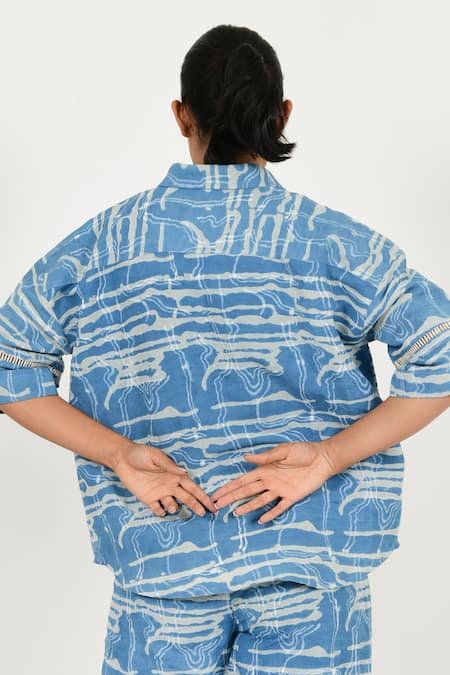 Shop Rias Jaipur Blue Linen Collared Dabu Mud Resist Print Shirt at Aza Fashions Shop_Rias Jaipur_Blue Linen Collared Dabu Mud Resist Print Shirt _at_Aza_Fashions