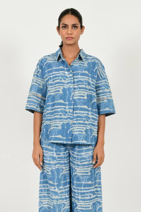 Rias Jaipur Blue Linen Collared Dabu Mud Resist Print Shirt Online at Aza Fashions Rias Jaipur_Blue Linen Collared Dabu Mud Resist Print Shirt _Online_at_Aza_Fashions