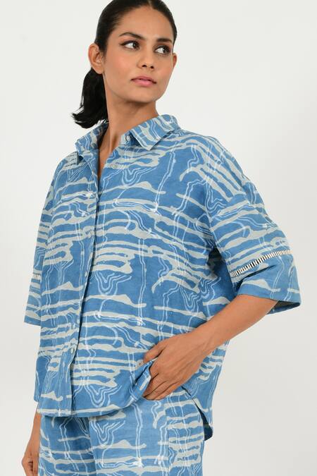 Buy Rias Jaipur Blue Linen Collared Dabu Mud Resist Print Shirt Online at Aza Fashions Buy_Rias Jaipur_Blue Linen Collared Dabu Mud Resist Print Shirt _Online_at_Aza_Fashions
