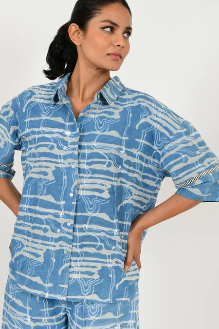 Rias Jaipur Blue Linen Collared Dabu Mud Resist Print Shirt at Aza Fashions Rias Jaipur_Blue Linen Collared Dabu Mud Resist Print Shirt _at_Aza_Fashions