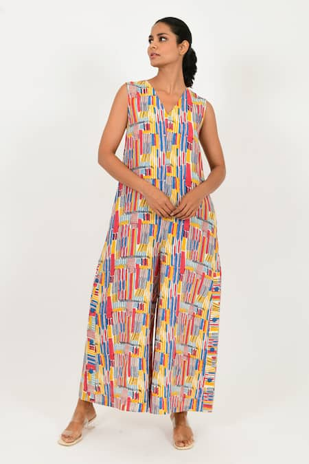 Rias Jaipur Multi Color Linen Hand Block Printed Striped V Neck Jumpsuit 