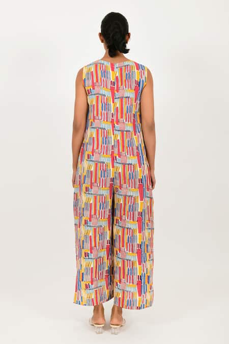 Shop Rias Jaipur Multi Color Linen V-neck Striped Hand Block Print Jumpsuit at Aza Fashions Shop_Rias Jaipur_Multi Color Linen V-neck Striped Hand Block Print Jumpsuit _at_Aza_Fashions